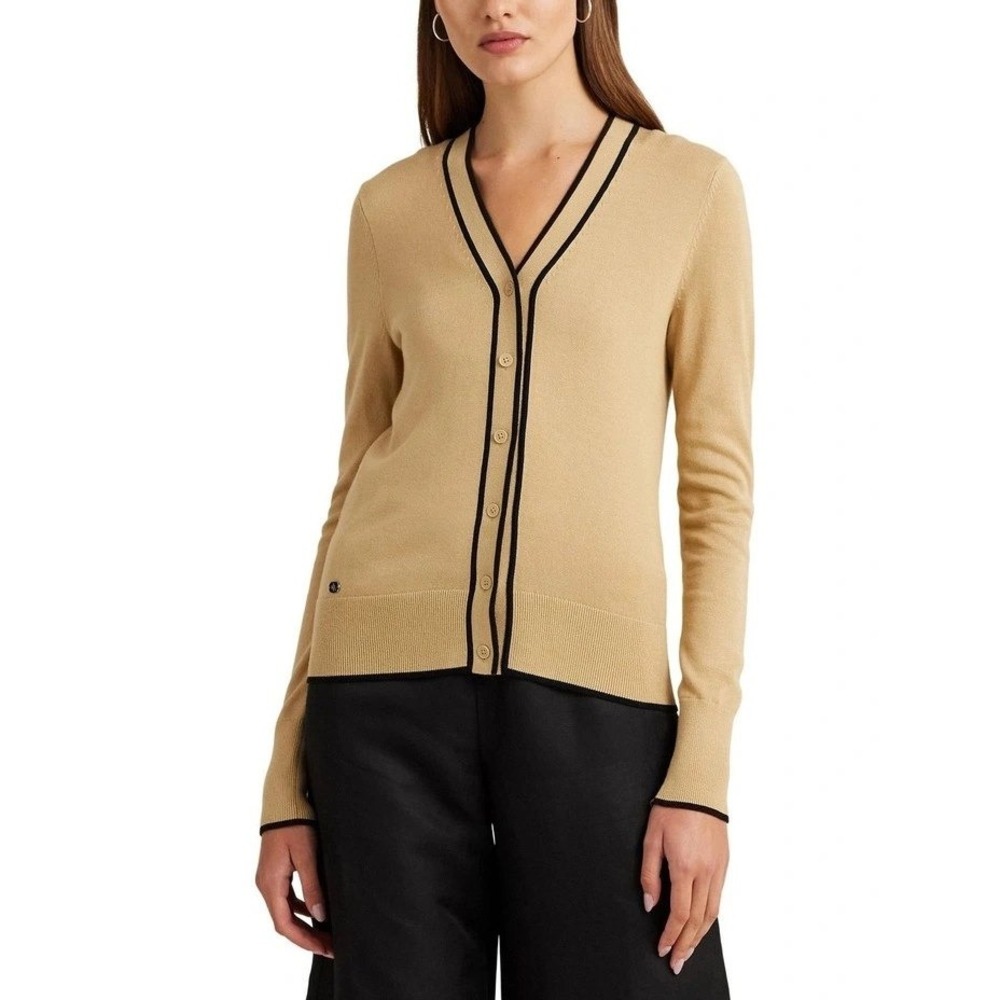 Lauren Ralph Lauren Cardigan Sweater Tan, Black Trim,‎ Black Label XS /#8160